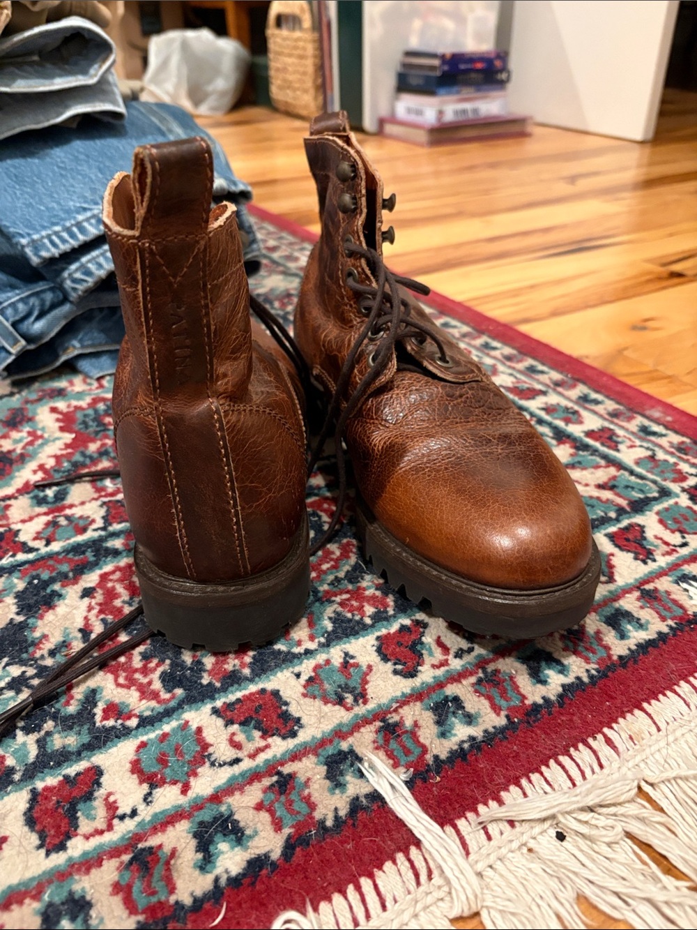 Men's Brown Leather Lace-Up Work Boots Patina - Picture 3 of 5